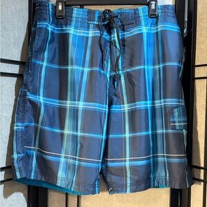 SPEEDO Mens Large Swim Trunks Board Shorts Blue aquas plaid Pockets